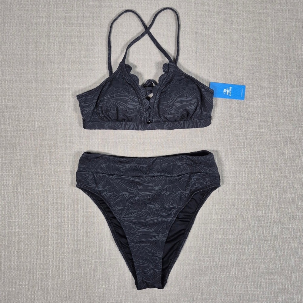 Cupshe‎ Black Scalloped Lace Up Bikini Set High Waisted Two Piece Swimsuit Small